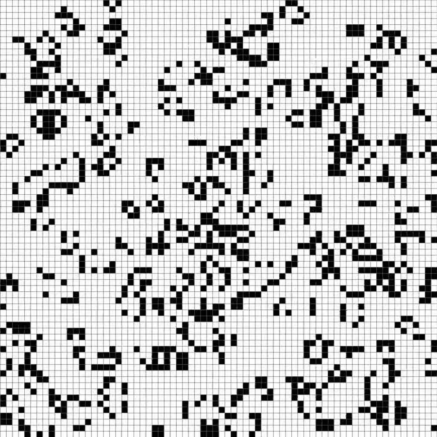 Black and white pixels on a grid, generated by Conway's Game of Life.